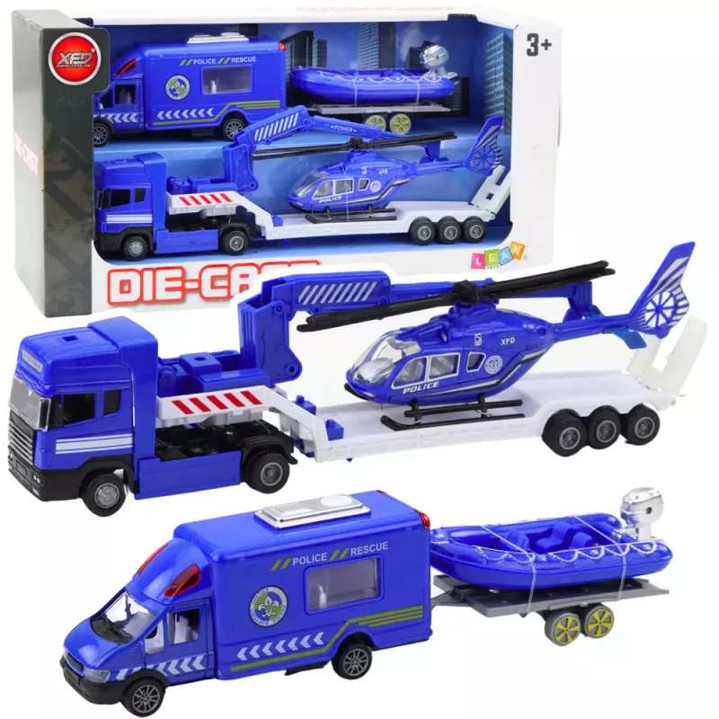 LEAN TOYS Police Rescue Car Boat Truck Helicopter Blue Set