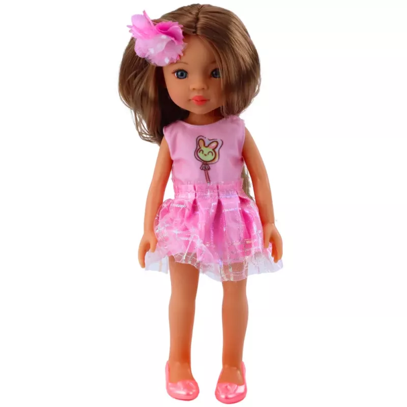 LEAN TOYS Doll In Pink Dress Long Brown Hair Hairpin Flower