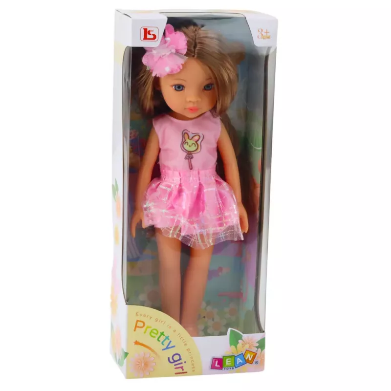 LEAN TOYS Doll In Pink Dress Long Brown Hair Hairpin Flower