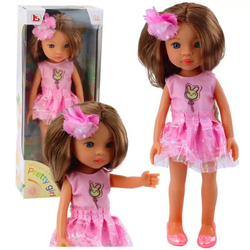 LEAN TOYS Doll In Pink Dress Long Brown Hair Hairpin Flower