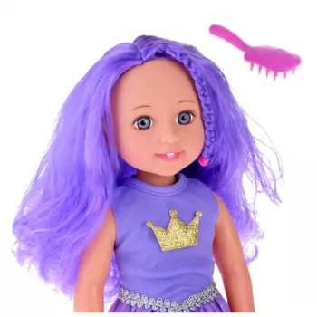 LEAN TOYS Doll in a Dress with a Crown Long Hair Purple Brush 38cm