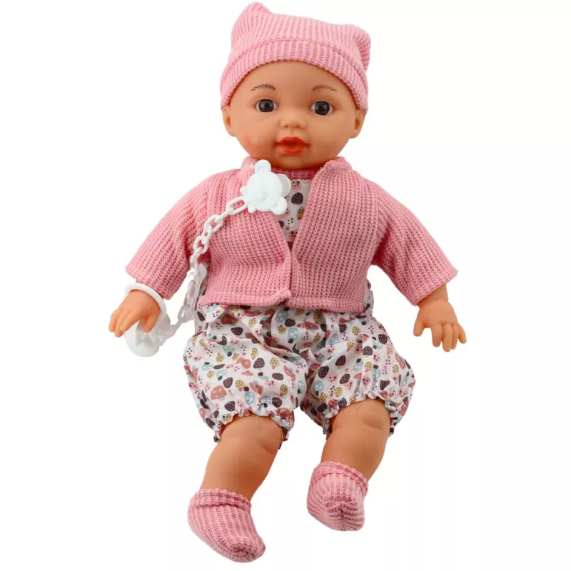 LEAN TOYS Baby Doll Set with Sweater, Hat, Pacifier and Chain, Pink, 40 cm