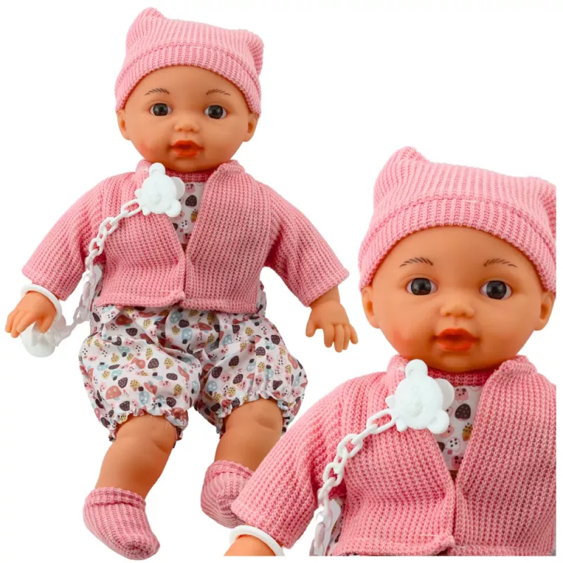 LEAN TOYS Baby Doll Set with Sweater, Hat, Pacifier and Chain, Pink, 40 cm