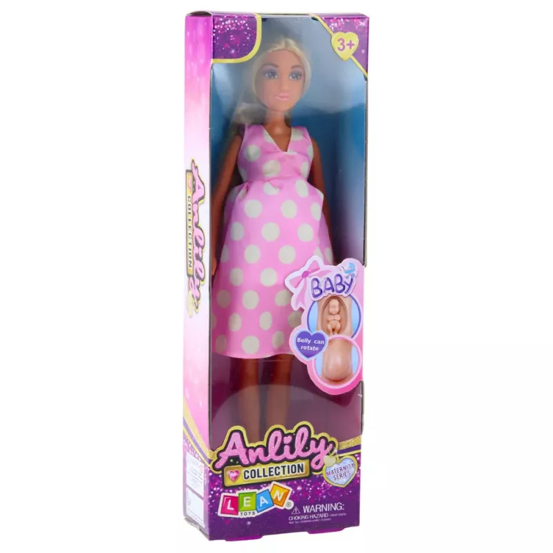 LEAN TOYS Anlily Pregnant Doll Light Pink Polka Dot Dress Long Hair