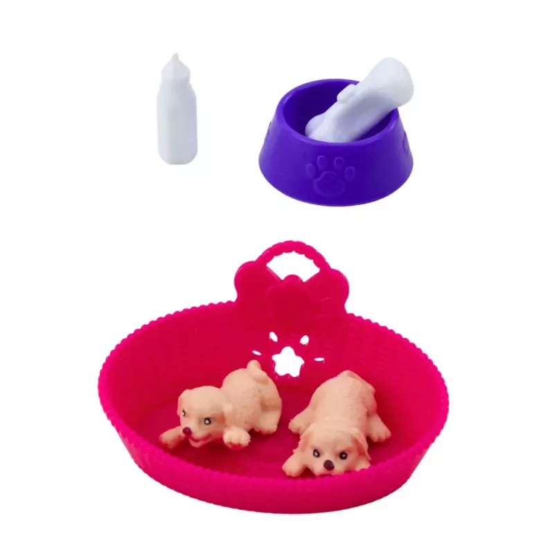 LEAN TOYS Mini Doll Set with Two Puppies, Bed, Bowl, Bottle