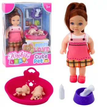 LEAN TOYS Mini Doll Set with Two Puppies, Bed, Bowl, Bottle