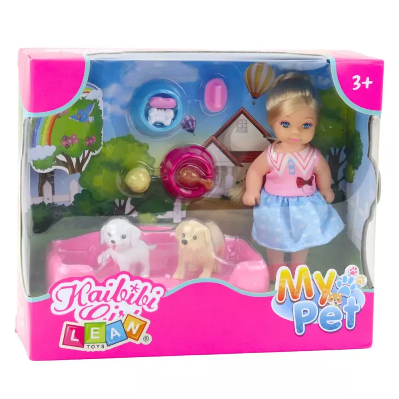 LEAN TOYS Mini Doll Set with Two Dogs, Bed, Food Bowl