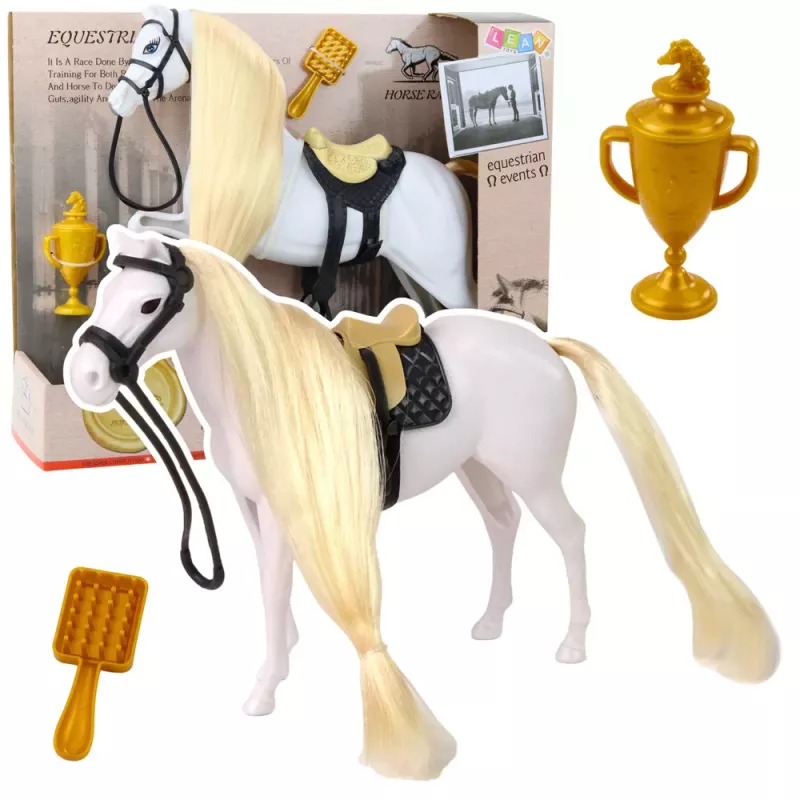LEAN TOYS Horse With Long Mane Saddle Cup Brush Accessories White
