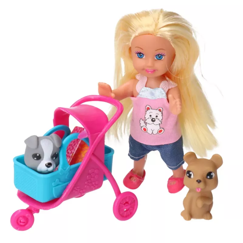 LEAN TOYS Mini Doll Stroller Carrier Dogs Set Gray Brown