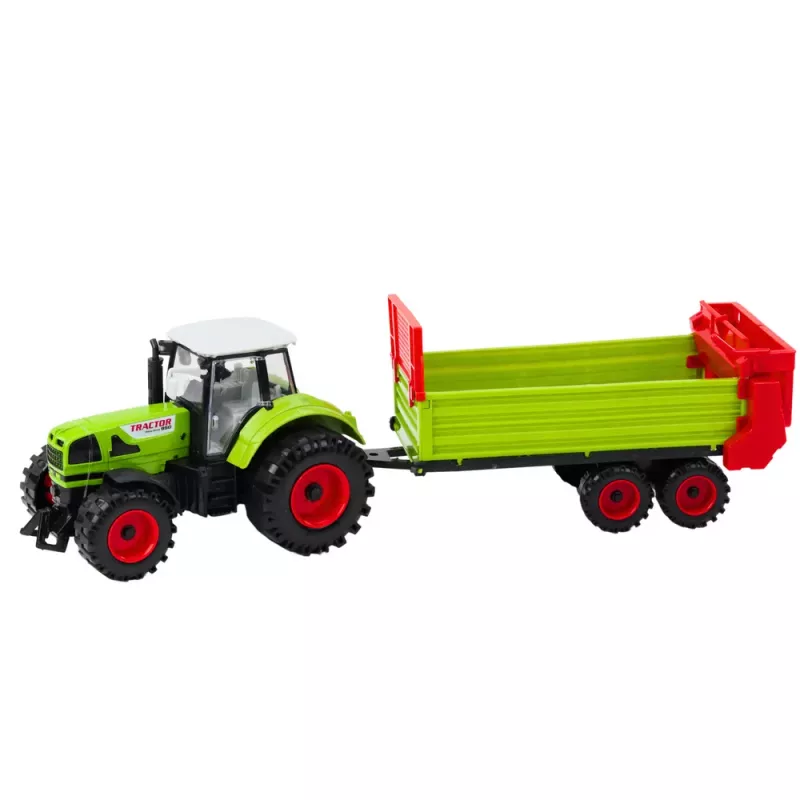 LEAN TOYS Tractor with Trailer, Friction Drive, Opening Hood, Doors, Green