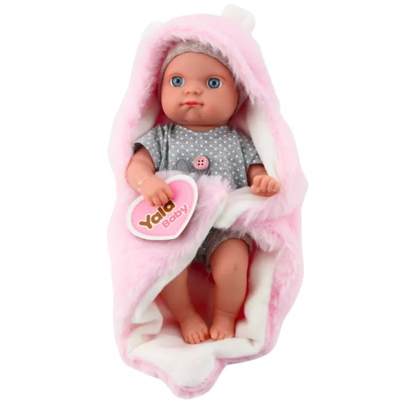 LEAN TOYS Baby Doll in Grey Pajamas with Pink Bunny Blanket, 23 cm