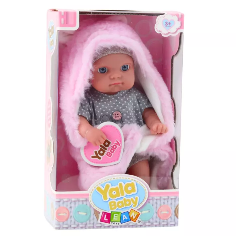 LEAN TOYS Baby Doll in Grey Pajamas with Pink Bunny Blanket, 23 cm