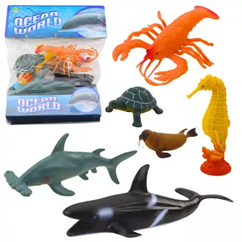 LEAN TOYS Set of Sea Animals Figurines: Shark, Hammerhead, Killer Whale, Seahorse, Lobster, Turtle, 6pcs
