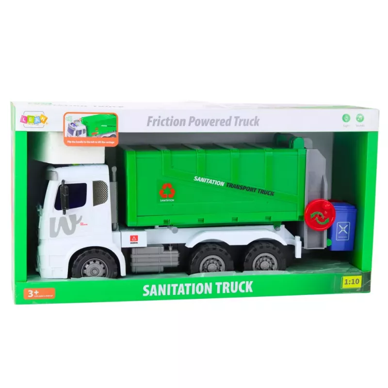 LEAN TOYS Large Garbage Truck Lifting Function 2 Bins Lights Sounds Green 1:10
