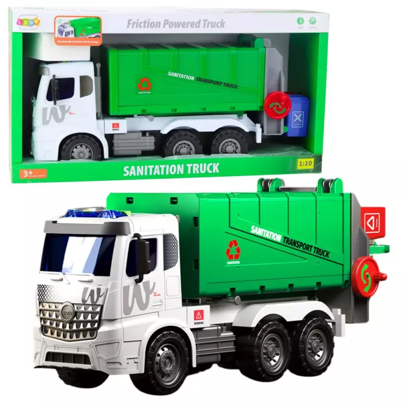 LEAN TOYS Large Garbage Truck Lifting Function 2 Bins Lights Sounds Green 1:10