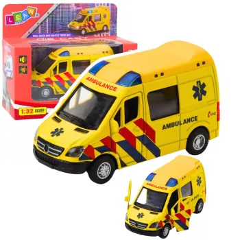 LEAN TOYS Ambulance Metal Pull Back Motorized Lights Sounds Yellow 1:32