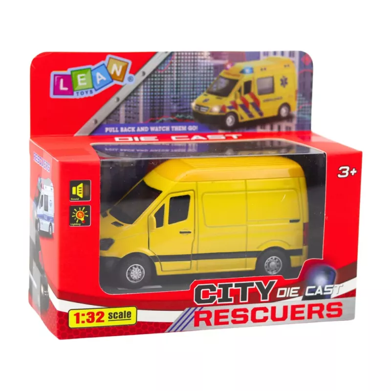 LEAN TOYS Metal Delivery Van with Pull-Back Drive, Lights & Sounds, Yellow, 1:32 Scale