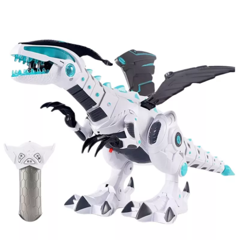 LEAN TOYS RC Remote Controlled Dinosaur Robot with Wings Lights and Sounds White