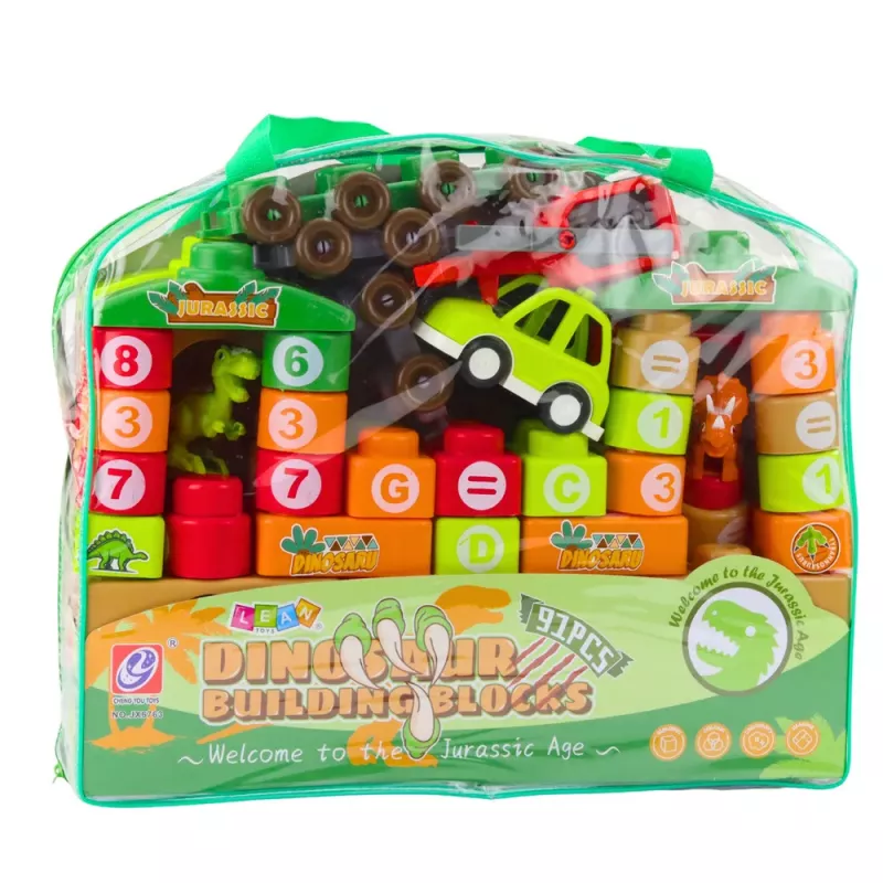 LEAN TOYS Educational Construction Blocks in a Bag Dinosaurs Numbers Letters 91 pcs.