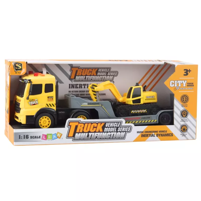 LEAN TOYS Tow Truck with Crawler Excavator Rotating 360° Yellow 1:16