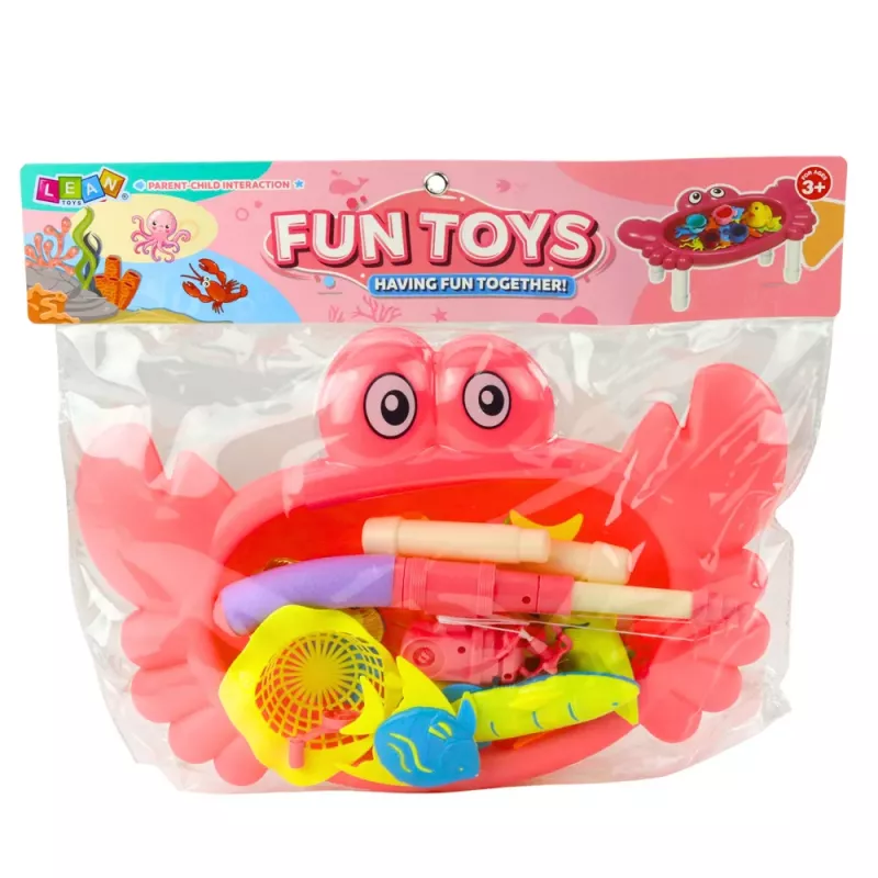 LEAN TOYS Fishing Set: Crab Table, 10 Fish, Fishing Rod, Strainer, Pink