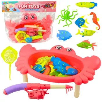 LEAN TOYS Fishing Set: Crab Table, 10 Fish, Fishing Rod, Strainer, Pink