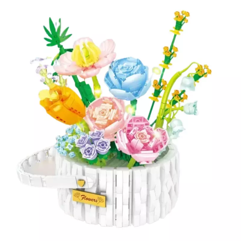 LEAN TOYS Construction Blocks Flower Arrangement in a Basket LED Lights 1376 pcs.