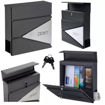 LEAN Large Mailbox for Letters and Newspapers, Anthracite, POST Inscription, 37x37x10.5 cm