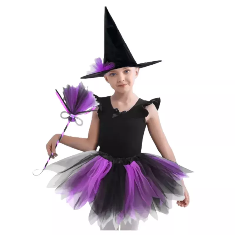 LEAN TOYS Witch Costume Hat Skirt Broom Purple and Black Costume