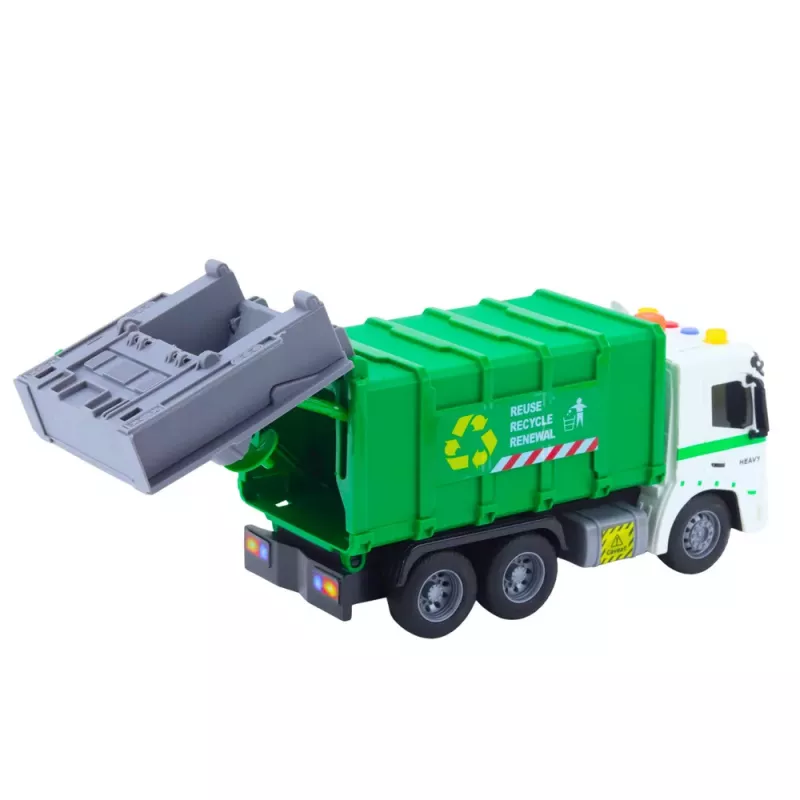 LEAN TOYS Garbage Truck with Garbage Can, Lights and Sounds, Green, 1:16 Scale