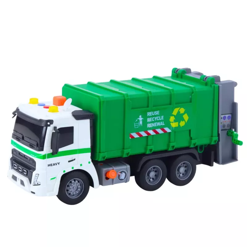 LEAN TOYS Garbage Truck with Garbage Can, Lights and Sounds, Green, 1:16 Scale