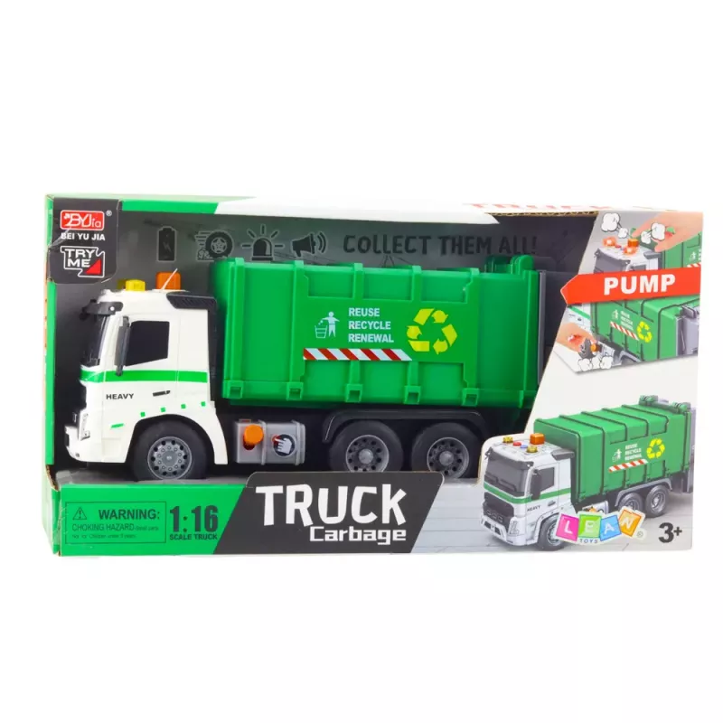 LEAN TOYS Garbage Truck with Garbage Can, Lights and Sounds, Green, 1:16 Scale
