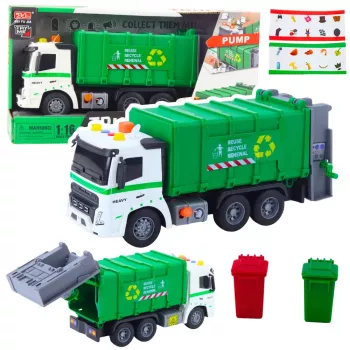 LEAN TOYS Garbage Truck with Garbage Can, Lights and Sounds, Green, 1:16 Scale