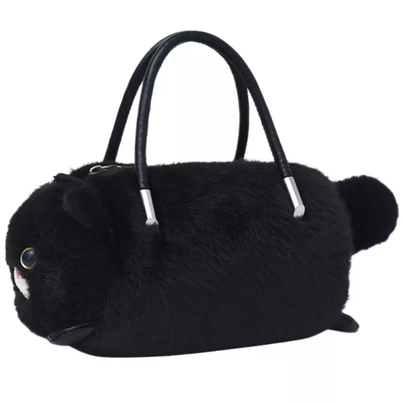LEAN TOYS Plush Cat-Shaped Handbag with Chain Handles, Black