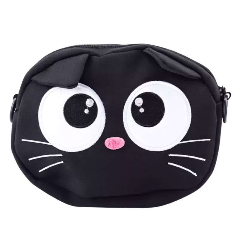 LEAN TOYS Cat Pouch Bag Zippered Pocket Adjustable Strap Black 21 x 16 cm