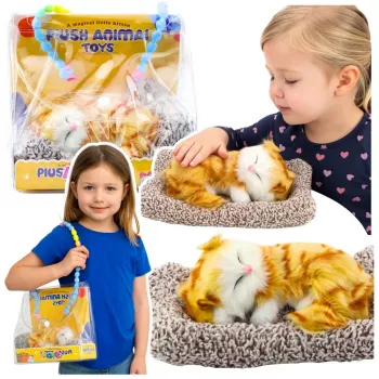 LEAN TOYS Sleeping Ginger Cat on a Pillow Figurine with Fur Bag Sounds
