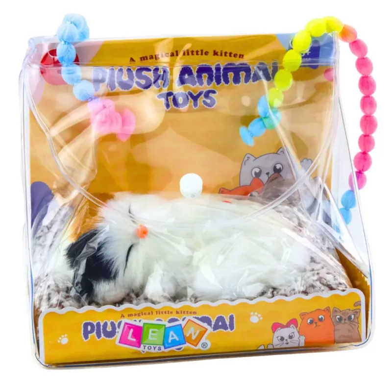LEAN TOYS Sleeping White Cat on a Pillow Figurine with Fur Bag Sounds