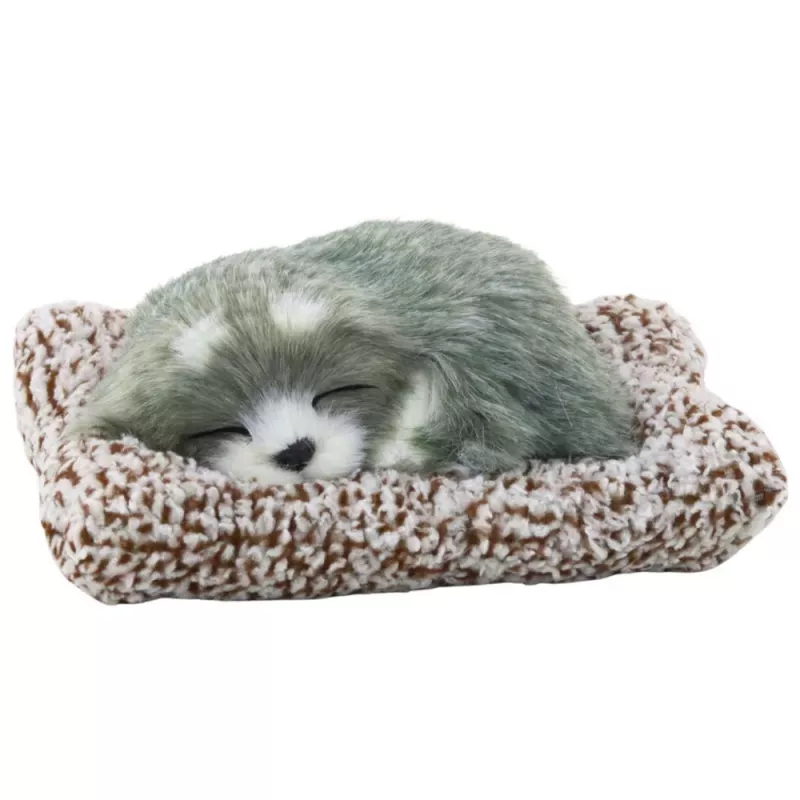 LEAN TOYS Sleeping Husky Dog on a Pillow Figurine with Fur Bag Sounds