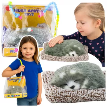 LEAN TOYS Sleeping Husky Dog on a Pillow Figurine with Fur Bag Sounds