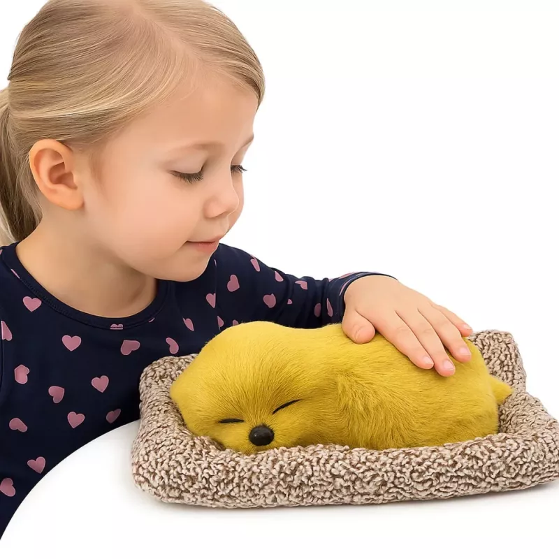 LEAN TOYS Sleeping Labrador Puppy on a Pillow Figurine with Fur and Transparent Bag