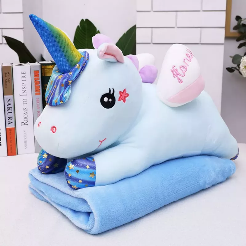 LEAN TOYS Plush Unicorn Cuddly Toy with Blanket 160x110cm Blue 55cm