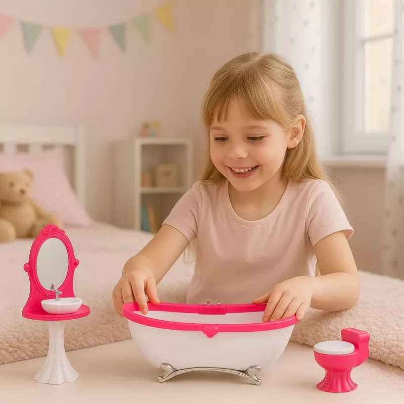 LEAN TOYS Doll's Bathroom Set: Bathtub, Toilet, Washbasin with Mirror