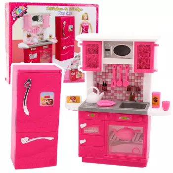 LEAN TOYS Doll Kitchen Set Fridge Oven Accessories Pink