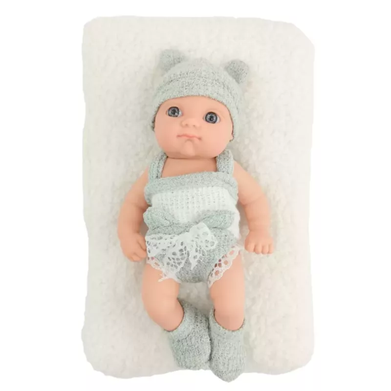 LEAN TOYS Baby Doll with Blanket, White and Gray Outfit, Hat, 18 cm