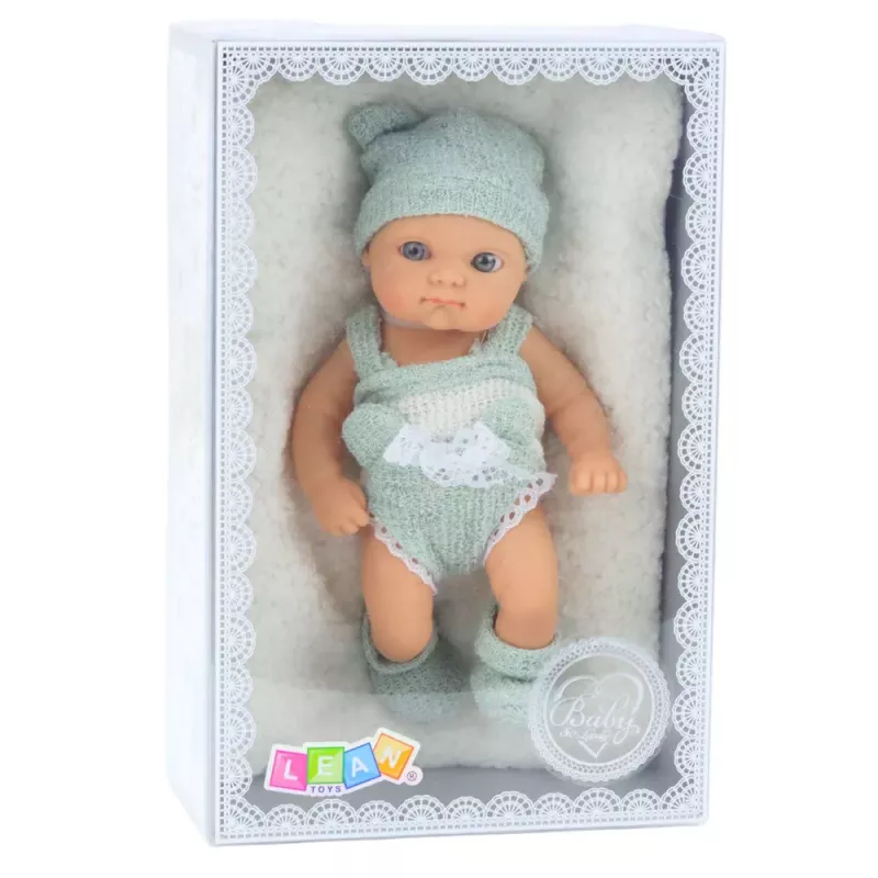 LEAN TOYS Baby Doll with Blanket, White and Gray Outfit, Hat, 18 cm