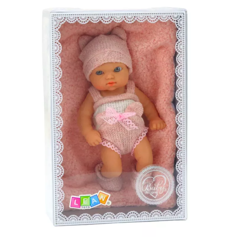 LEAN TOYS Baby Doll with Blanket, White and Pink Clothes, Hat, 18 cm