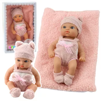 LEAN TOYS Baby Doll with Blanket, White and Pink Clothes, Hat, 18 cm