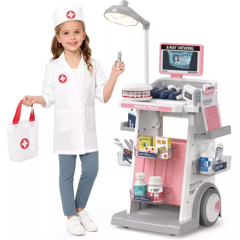 LEAN TOYS Doctor Dentist Set Medical Cart Lights Pink 26 pcs