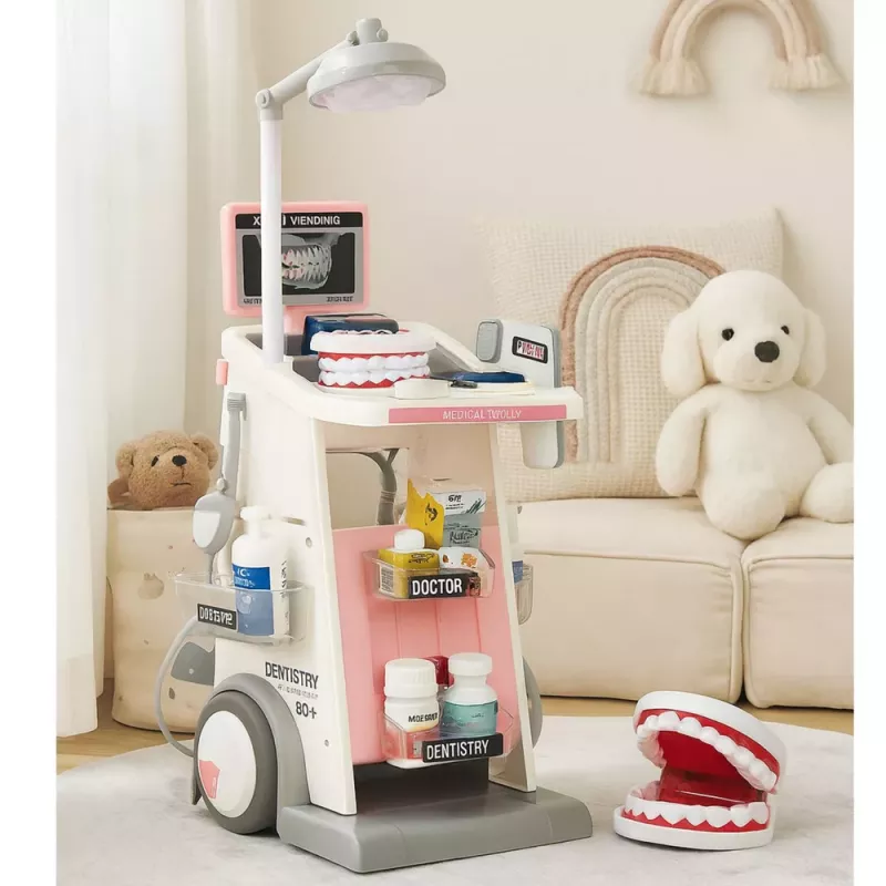 LEAN TOYS Doctor Dentist Set Medical Cart Lights Pink 26 pcs