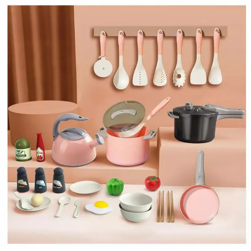 LEAN TOYS Kitchen Set Pots Cooking Accessories Food Pink 32 pcs.